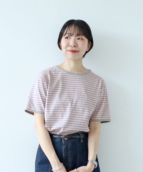 tシャツ ボーダー配色バインダー 半袖Tシャツ レディース