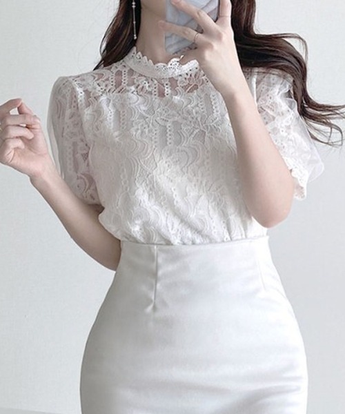 leune（ルネ） tシャツ 半袖 パフスリーブレースブラウス/シアー