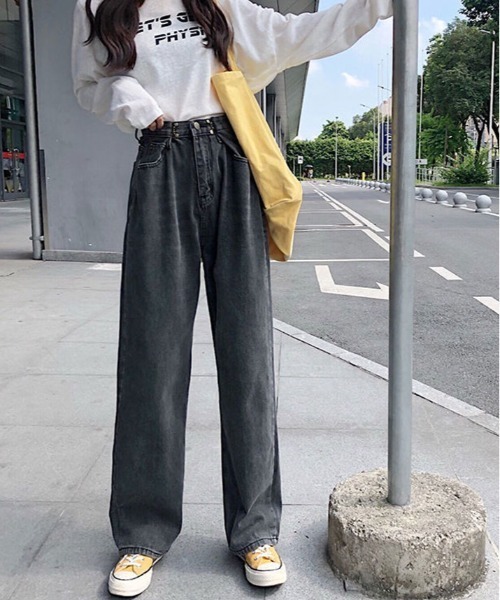 TAAKK ハイウエストワイドレッグ　デニムパンツ 黒白 セール】ハイウエスト ワイドレッグ デニムパンツ（デニムパンツ