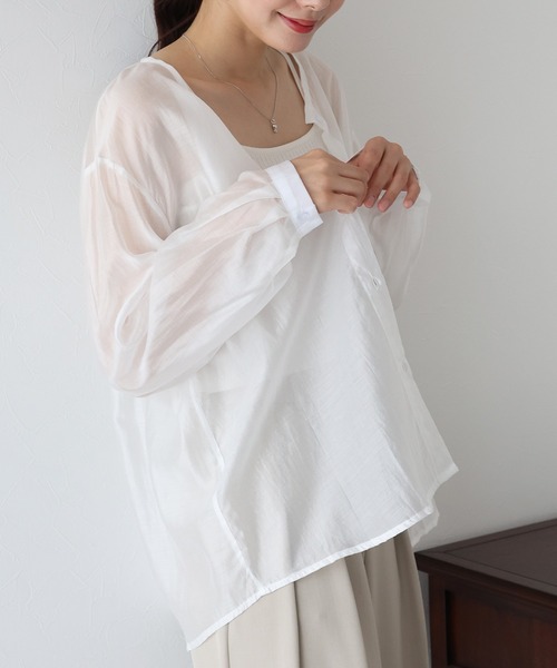 ブラウス シャツ 2WAYノーカラーシアーブラウス レディース BLUEEAST ブラウス シャツ ノーカラーシアーシャツ レディース