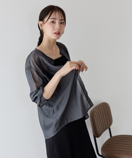 ブラウス シャツ 2WAYノーカラーシアーブラウス レディース 2WAYボウタイノーカラーシアーシャツ（シャツ/ブラウス