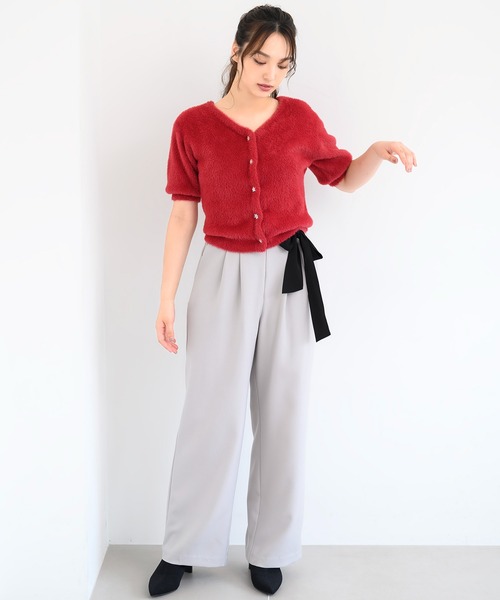 ミッシュマッシュ MISCH MASCH 【2024秋冬新作】シャギー5分袖2wayニットカーデ/MM438403 （RED） MISCH MASCH ニット セーター 2024春夏新作畔フリル2wayニット