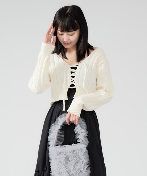 リボン羽織 Chick カーディガン Front Ribbon Rib Cardigan / フロント