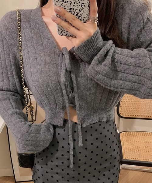 Chick カーディガン Front Ribbon Rib Cardigan / フロント