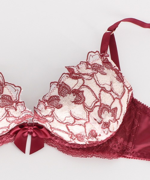 B~Fカップ★フラワージュエル ピンク系/ブルー★ブラジャー&2ショーツセット★Tバック付き3点セット★下着 レース 黒 ブラック 花柄★みゆ