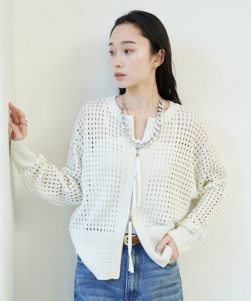 pois ダブルメッシュカーディガン　White pois ダブルメッシュカーディガン White