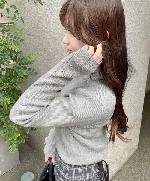 INGNI（イング） ニット セーター リブボトルネック袖リボンボタン