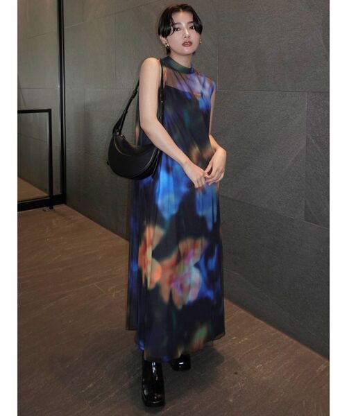 MURUA シェイドフラワーレイヤードワンピース ブラック 黒 25SS