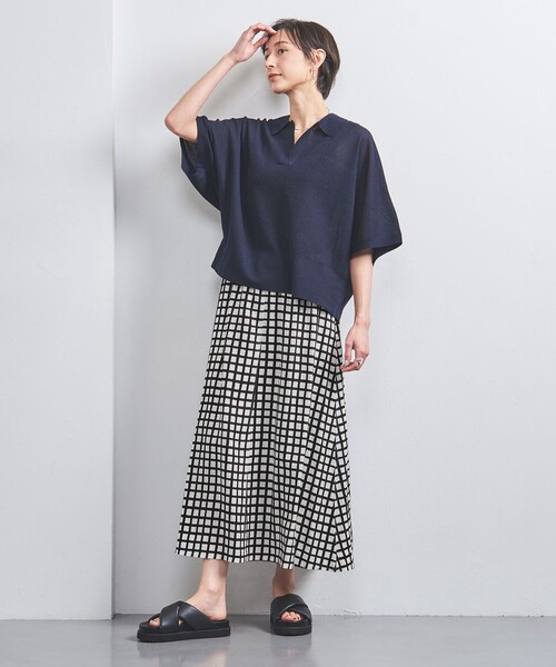 UNITED ARROWS スカート リネン チェック フレア マキシスカート