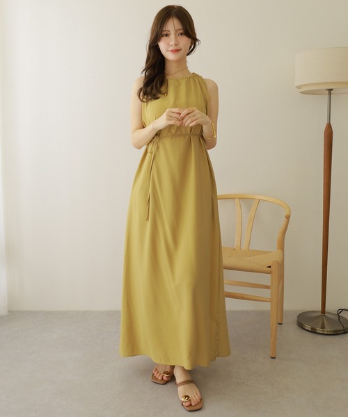 ワンピース ドレス バックリボン ドット ノースリーブ ロング ワンピース back ribbon sleeveless long dress /ギャザー