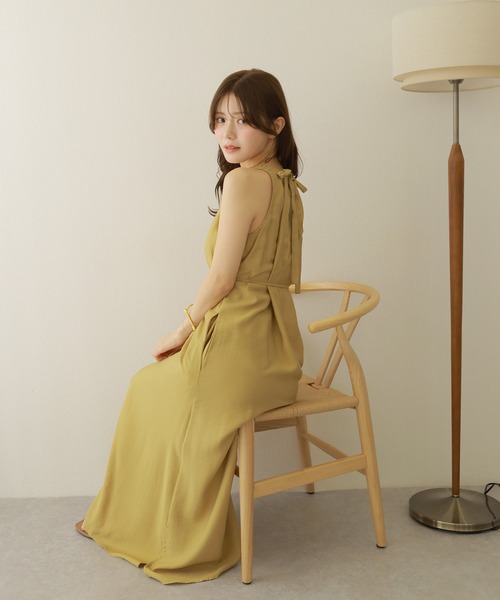 ワンピース back ribbon sleeveless long dress /ギャザー
