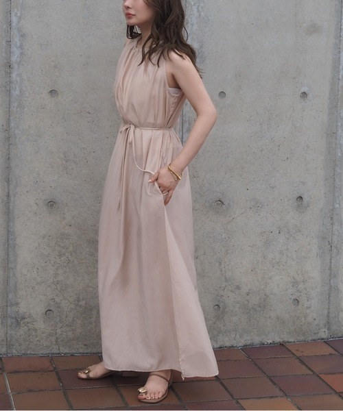 ワンピース back ribbon sleeveless long dress /ギャザー