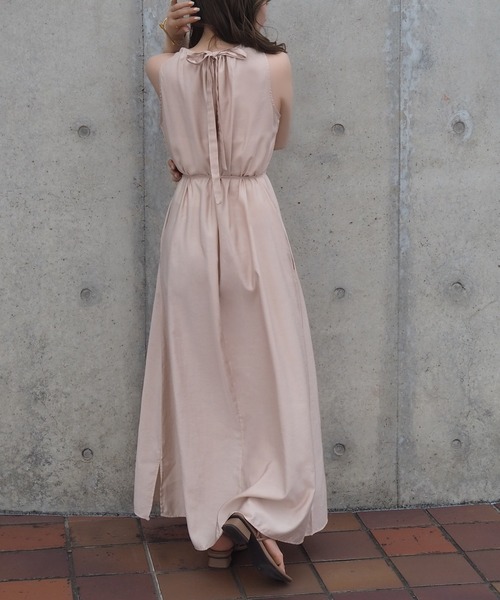 ワンピース back ribbon sleeveless long dress /ギャザー