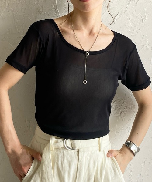 トップス シースルー 半袖 クルーネック アシンメトリー 個性的 She's Closet tシャツ クルーネックシースルー/半袖シアーT