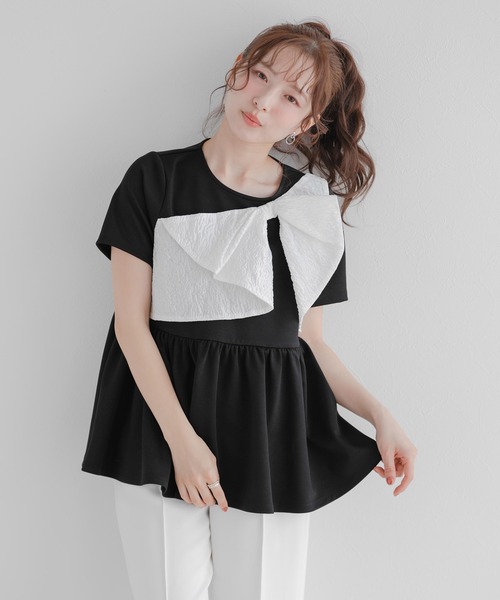 tシャツ ジャガードリボンペプラムトップス レディース