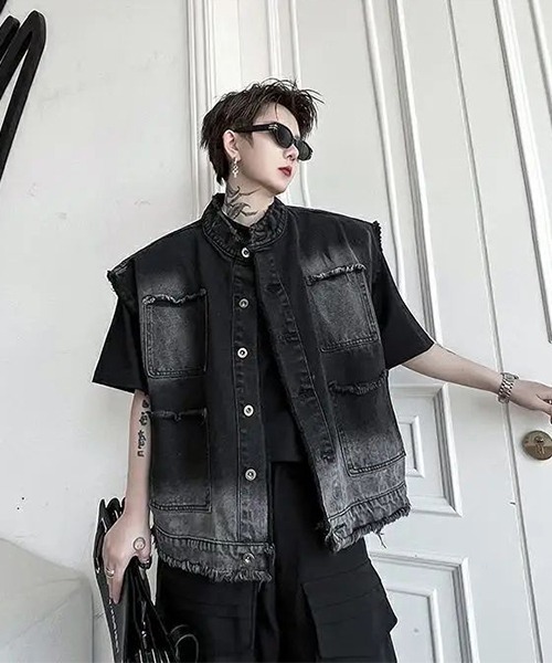 NO WAY ベスト ジレ /オーバーサイズブリーチデニムベスト レディース