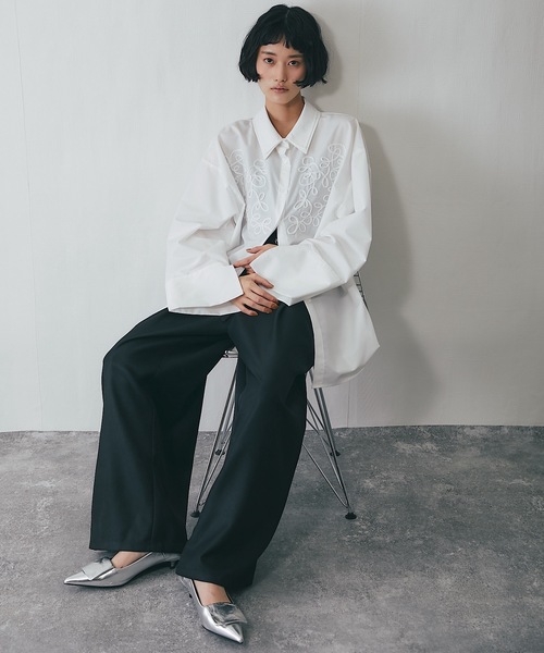 ワイドパンツ スラックス パンツ セットアップ可ヘザーエステルワイド