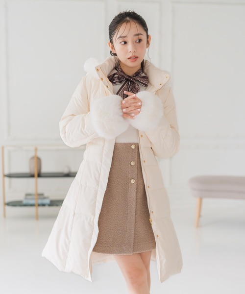 MISCH MASCH ファー付ロングコート 白　ホワイト　ノーカラー　フード セール】□2024秋冬新作□ファー付きフードロングダウン/MM448608