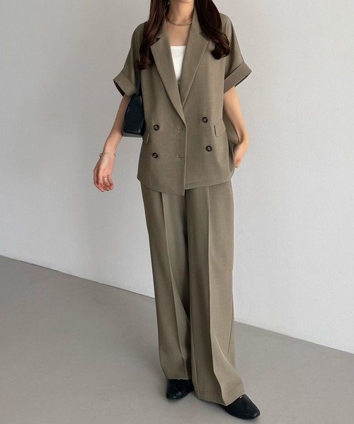 セットアップ リネンライク半袖ジャケット+タックスラックスパンツset レディースの画像