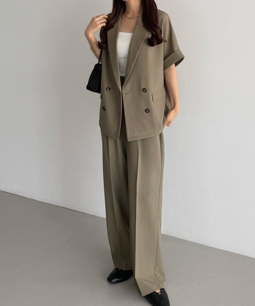 セットアップ リネンライク半袖ジャケット+タックスラックスパンツset レディースの画像