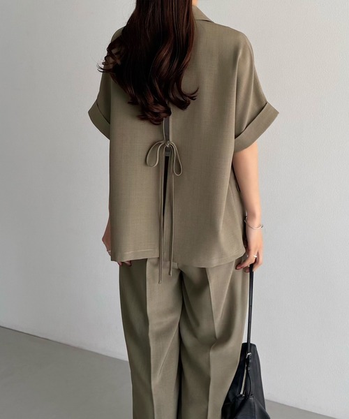 セットアップ リネンライク半袖ジャケット+タックスラックスパンツset レディースの画像