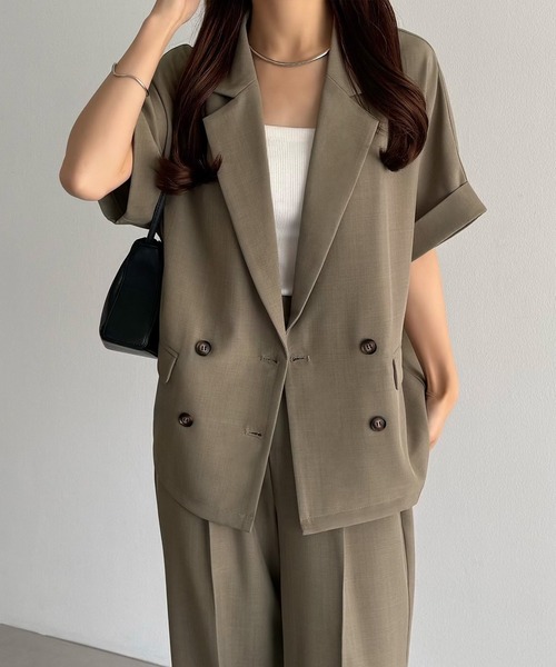セットアップ リネンライク半袖ジャケット+タックスラックスパンツset レディースの画像
