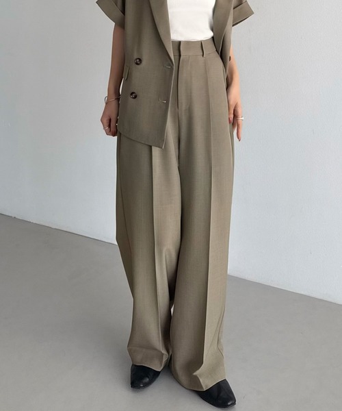 セットアップ リネンライク半袖ジャケット+タックスラックスパンツset レディースの画像
