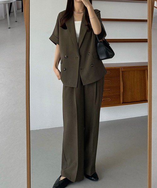 セットアップ リネンライク半袖ジャケット+タックスラックスパンツset レディースの画像