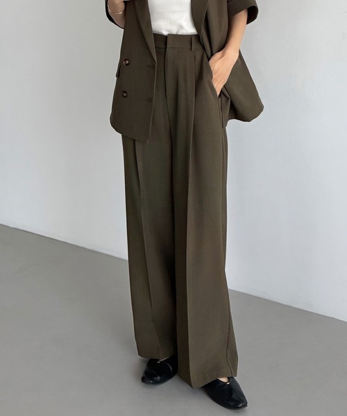 セットアップ リネンライク半袖ジャケット+タックスラックスパンツset レディースの画像