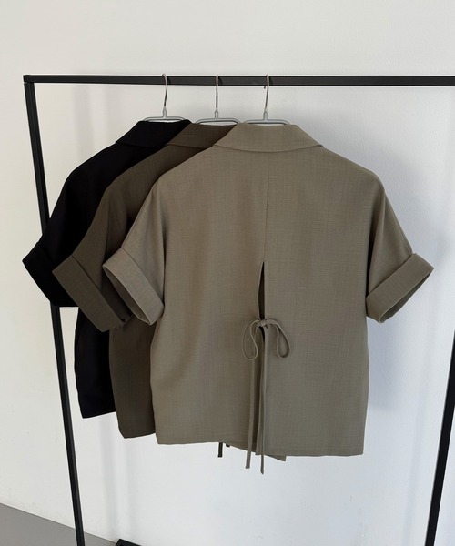 セットアップ リネンライク半袖ジャケット+タックスラックスパンツset レディースの画像
