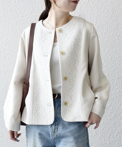 美品✰Drawer コットンパッチポケットノーカラー ジャケット Drawer（ドゥロワー）の「Drawer ネイビーノーカラージャケット