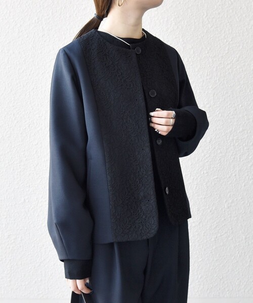 drawerネイビー ノーカラー ニットジャケット2 drawerネイビー ノーカラー ニットジャケット2 カラーネップノーカラー