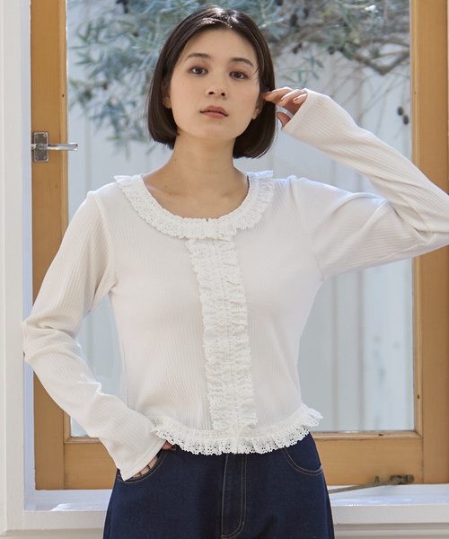 petit main LIEN tシャツ 「親子リンク」レースフリルテレコ長袖T
