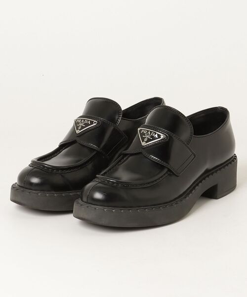 【美品✨】プラダ ローファー チョコレート 三角ロゴ レディース レザー 黒 PRADA（プラダ） 三角ロゴ チョコレートローファー 35.5 ブラック