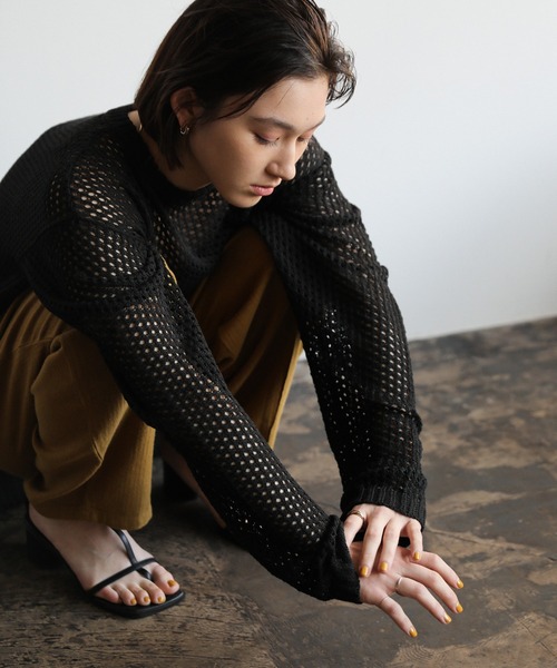 ハイク　ブラック メッシュニット 長袖 クルーネック select MOCA（セレクトモカ） ニット セーター クルーネック透かし編み