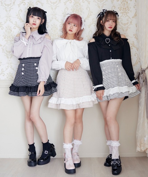 スカート DEAR DearMyLove スカート ハートビジューフリルツイードスカート