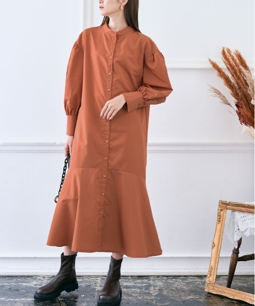 シャツワンピース バンドカラー マーメイド シャツ ワンピース