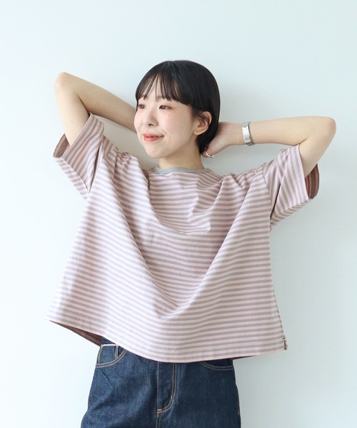 tシャツ ボーダー配色バインダー 5分袖BIG Tシャツ レディース