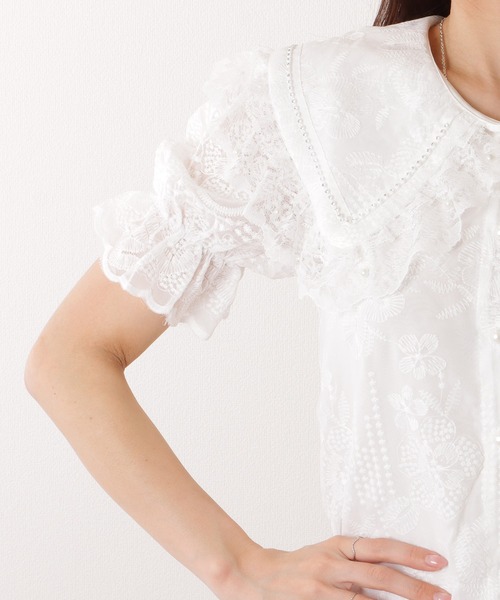 レースフリルノースリーブシャツ ホワイト Lace Ladies ブラウス シャツ ビッグカラー レース フリル 刺繍