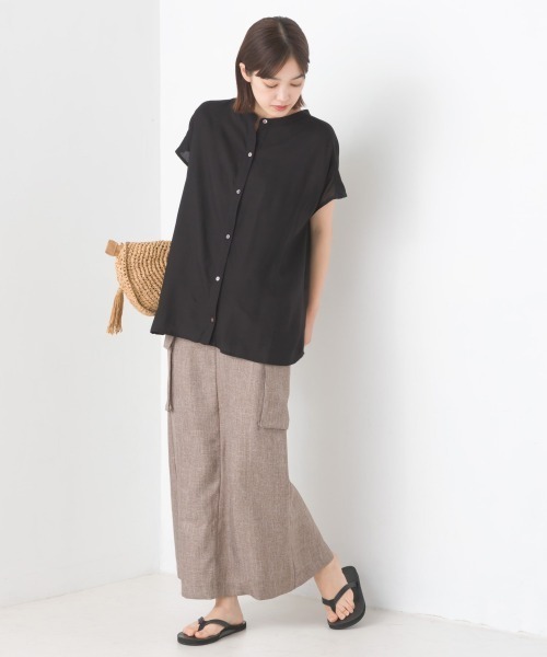 ブラウス シャツ 「WOMEN」フレンチスリーブ バンドカラーシャツ レディース OMNES（ファッション） ブラウス シャツ レーヨンフレンチ