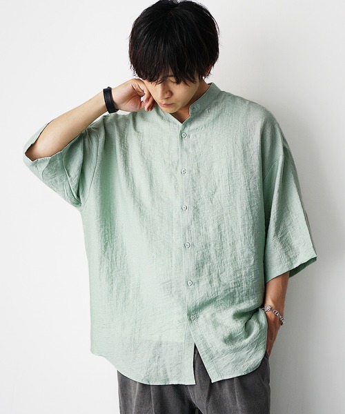 リネンパンツ　半袖シャツせっと MinoriTY シャツ 「MinoriTY」さらふわリネンバンドカラー半袖