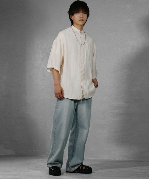 新品 45R リネン半袖シャツ サイズ3 MinoriTY シャツ 「MinoriTY」さらふわリネンバンドカラー半袖