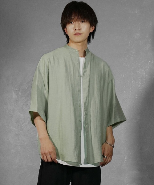 SUKU /半袖シャツ/XL/レーヨン/GRN/総柄/襟汚れ有 MinoriTY シャツ 「MinoriTY」さらふわリネンバンドカラー半袖