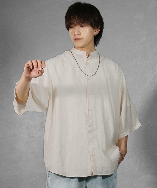 メンズ 半袖シャツ 肩落ち バラ ローズ ビッグシルエット G00317 MinoriTY シャツ 「MinoriTY」さらふわリネンバンドカラー半袖