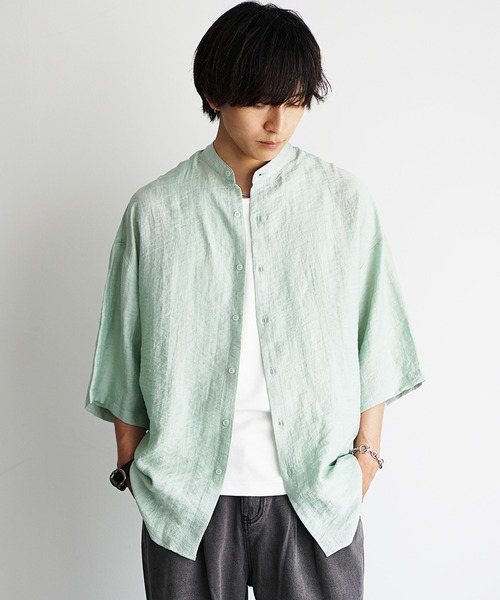 新品 45R リネン半袖シャツ サイズ3 MinoriTY シャツ 「MinoriTY」さらふわリネンバンドカラー半袖