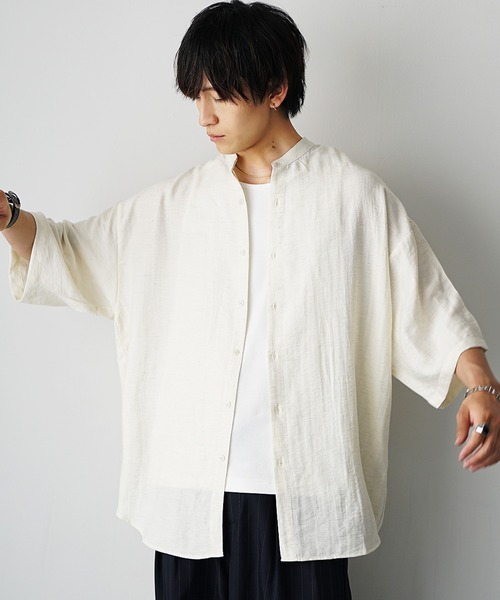 新品 45R リネン半袖シャツ サイズ3 MinoriTY シャツ 「MinoriTY」さらふわリネンバンドカラー半袖