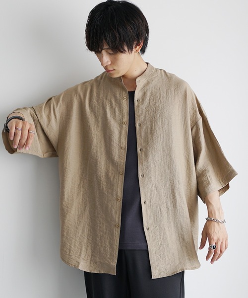 新品 45R リネン半袖シャツ サイズ3 45Rリネンロータスプリントのレイレイシャツ MEN（インディゴ