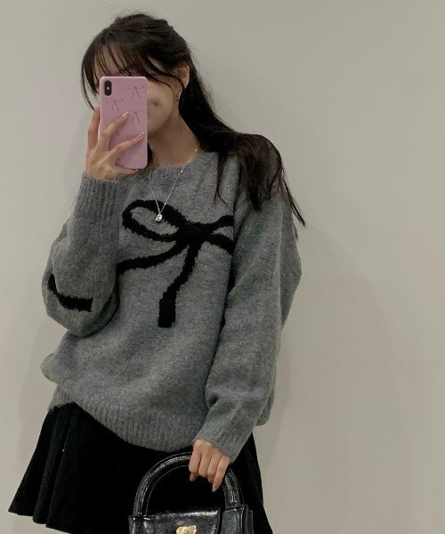 ニット セーター 配色リボンジャガードニットプルオーバー レディース ニット セーター 配色リボンジャガードニットプルオーバー
