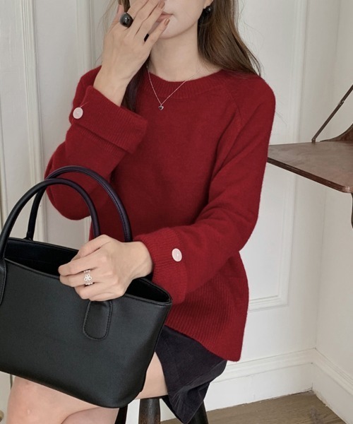 デヴァ＊Letroyes＊31,320円 ラウンドネックボタン付ニットS ニット セーター 袖ボタン付きラウンドネックニット レディース