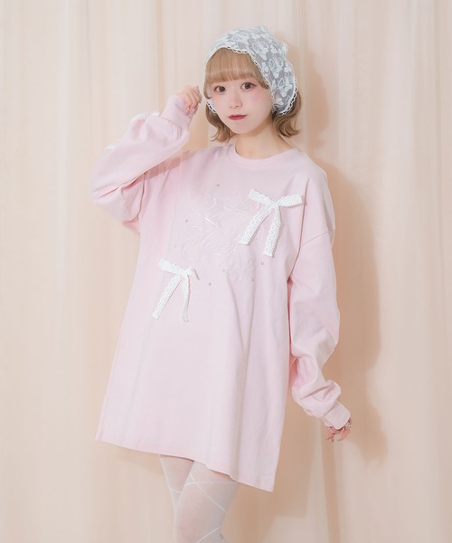 tシャツ レースラインロゴ刺繍リボンロンT レディース